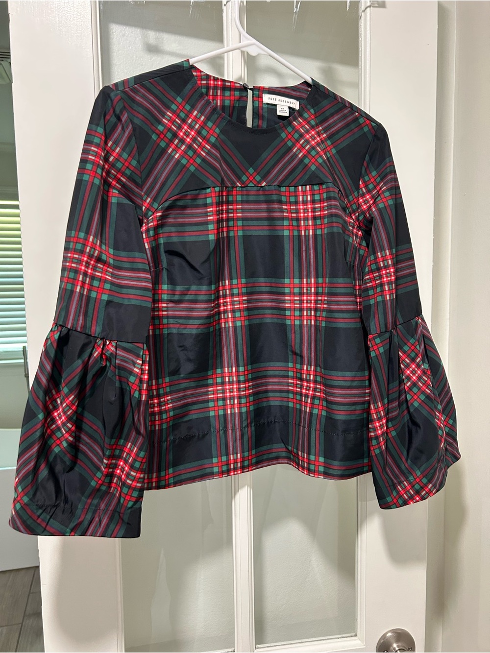 Free Assembly Plaid Bell-Sleeve Top - Red/Green/Black XS